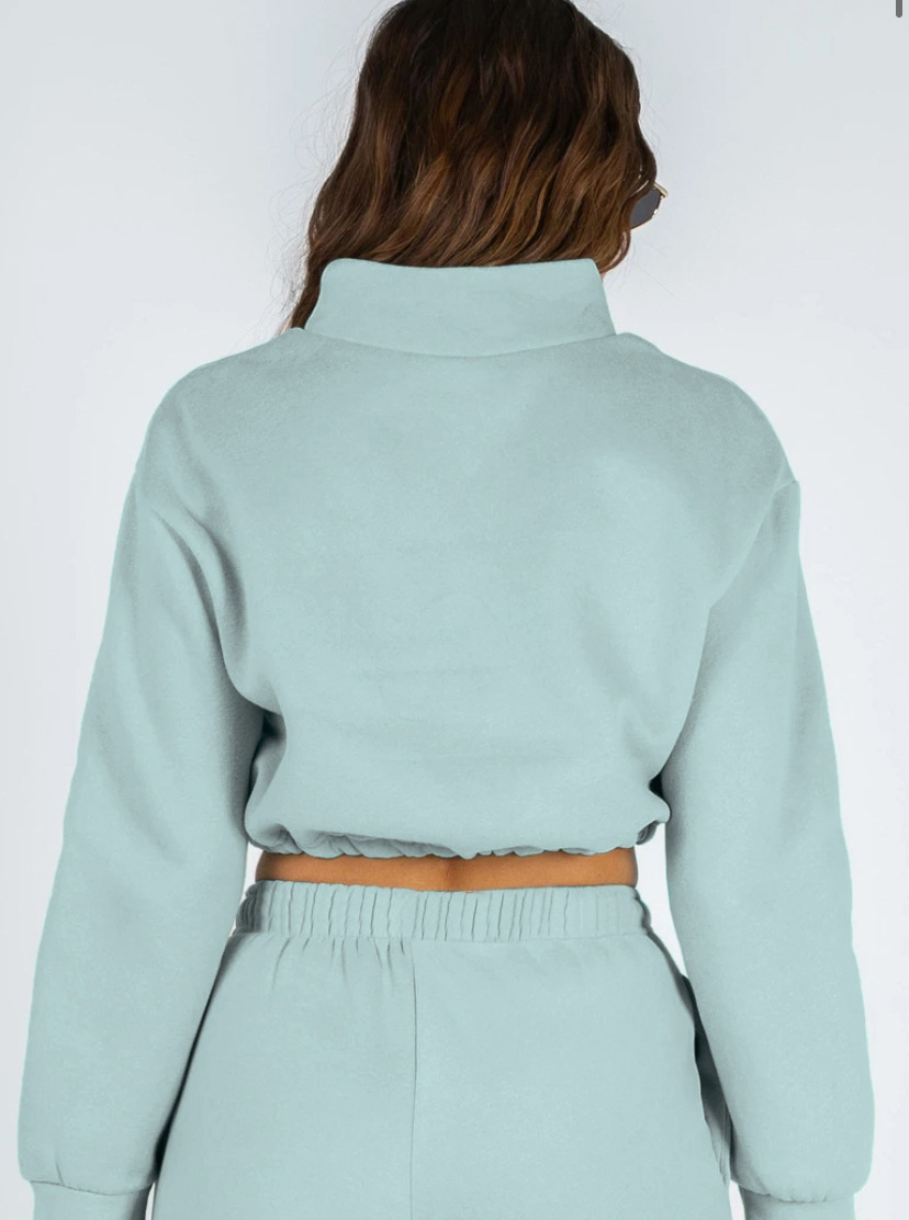 Women's Clothing 2024 autumn and winter solid color stand up collar zipper drawstring navel baring plus velvet sweatshirt casual sweatpants suit_voghion.com