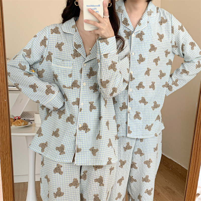 Real Shot of the New Loose-Fitting Plaid Bear Long-Sleeve Long Pants Loungewear Set, Suitable for Outerwear, with a Soft Touch