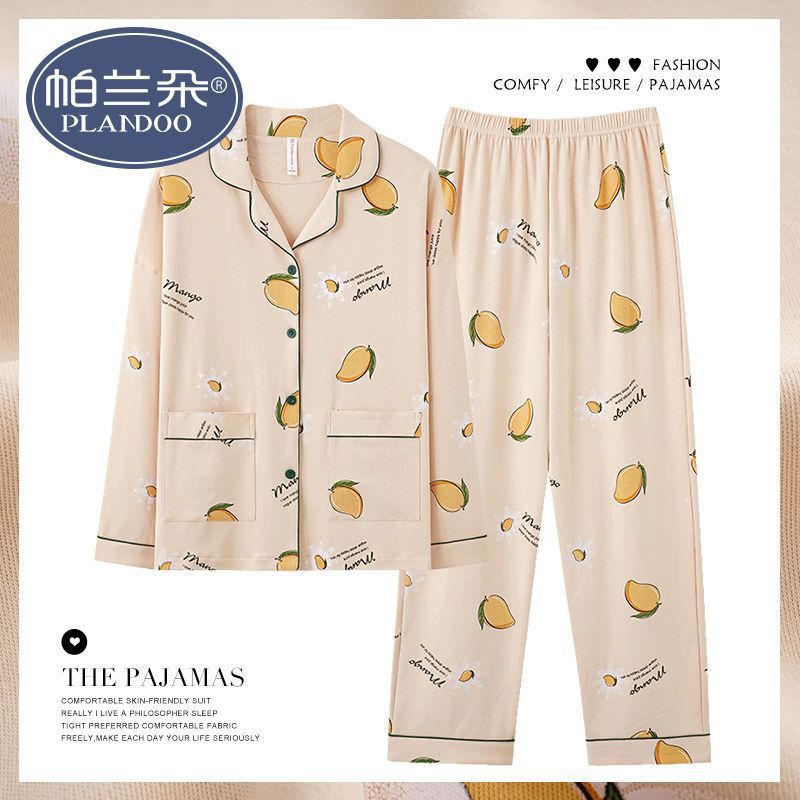 Pijama de algodón femenino primavera y otoño mangas largas dulces y sueltas grande otoño y invierno conjunto de ropa para el hogar