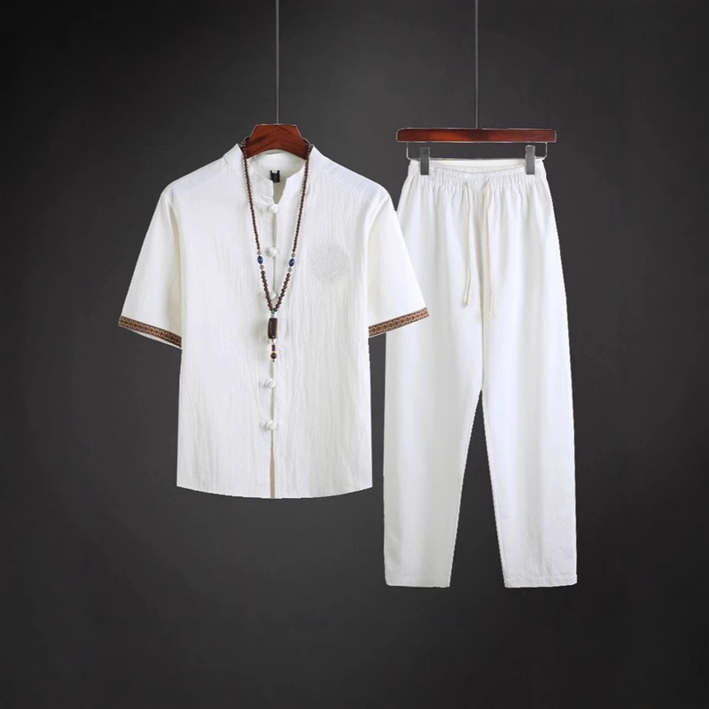 Chinese Style Men's Summer Thin Linen suit Men's Chinese Tang Suit Hanfu Two-piece Vintage Cotton Two-piece Set