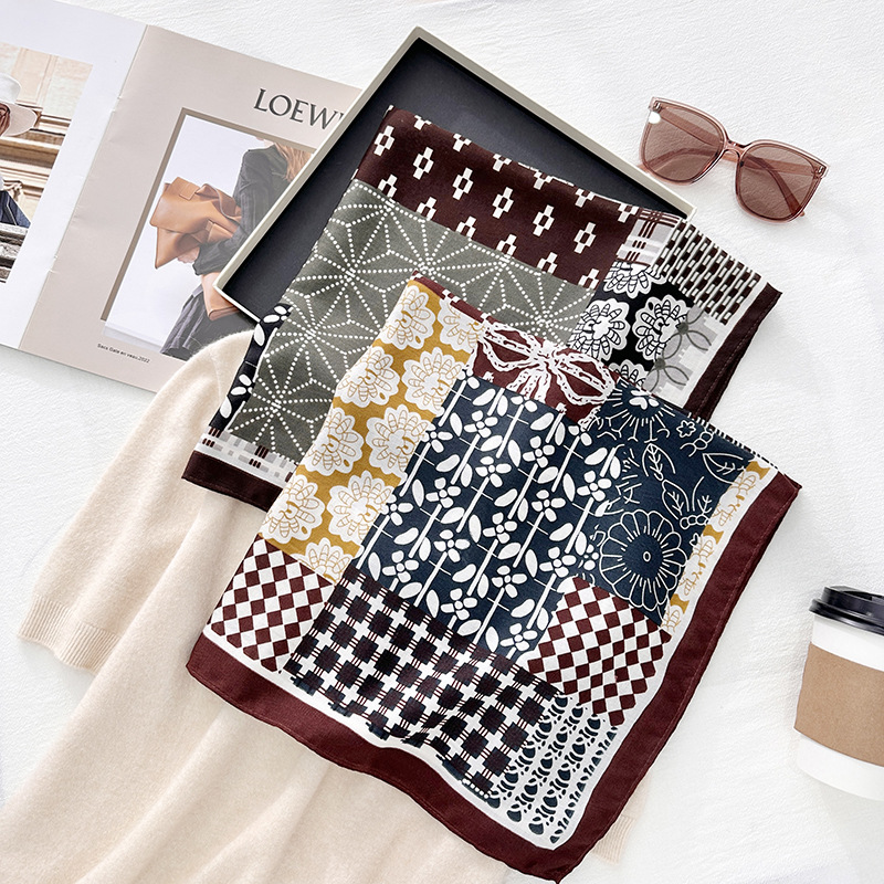 Tendencia de nuevos productos 68 herringbone impresión geométrica pequeña toalla cuadrada de alta calidad retro simple ropa de mujer con bufandas de seda