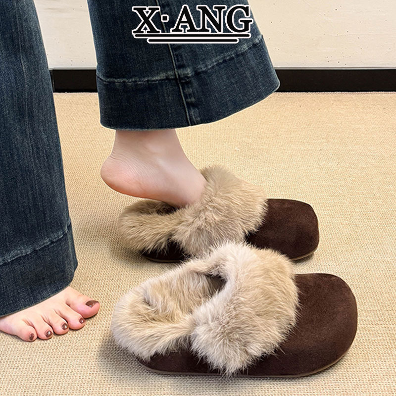 Cowhide Version Thick-Soled Furry Toe-Cap Half Slippers for Women to Wear Outside Fleece-Lined Warm Cotton Shoes Birkenstock Shoes Slip-On Snow Boots