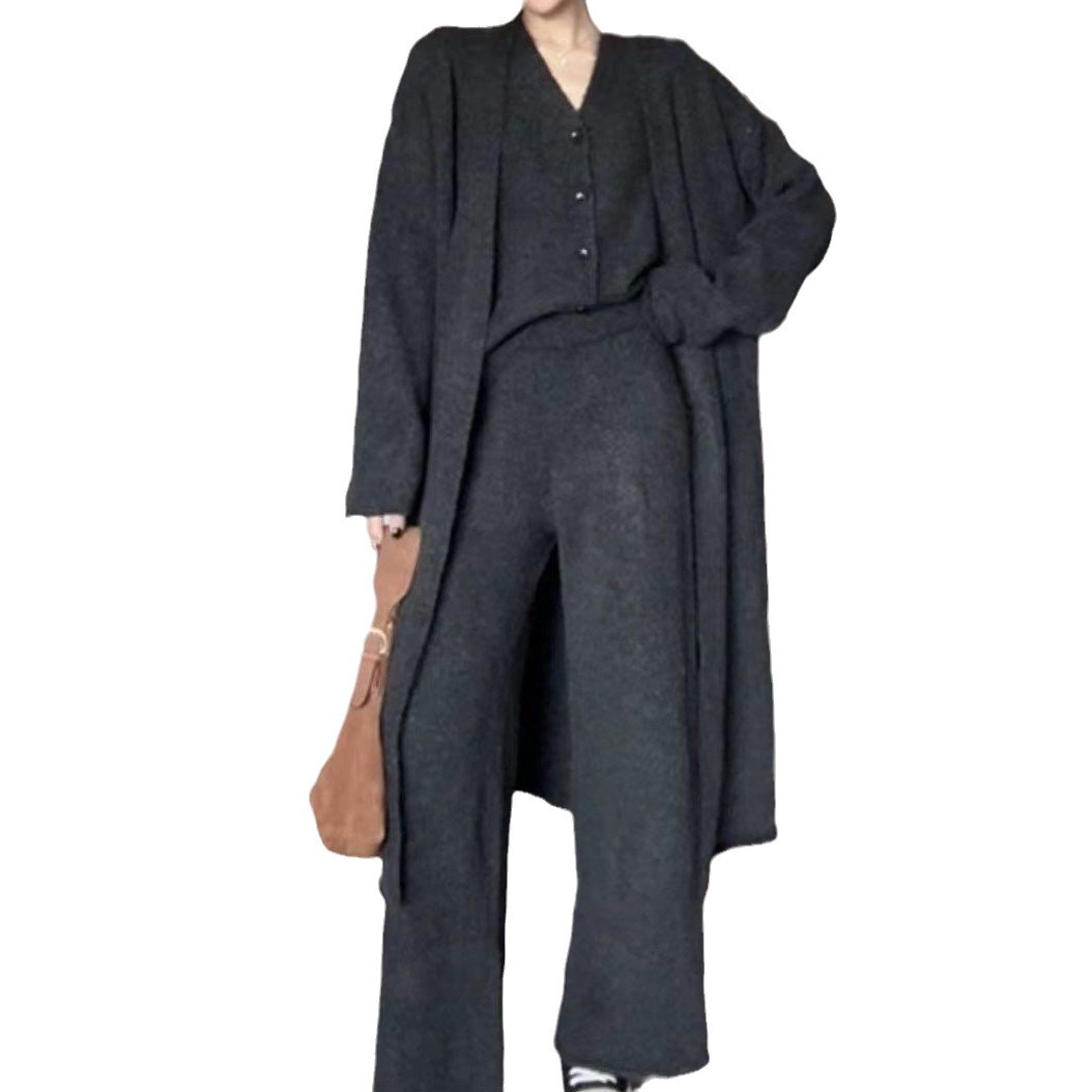 Women's Clothing High grade lazy temperament simple knitted suit autumn and winter new sleeveless vest sweater cardigan pants three piece suit_voghion.com