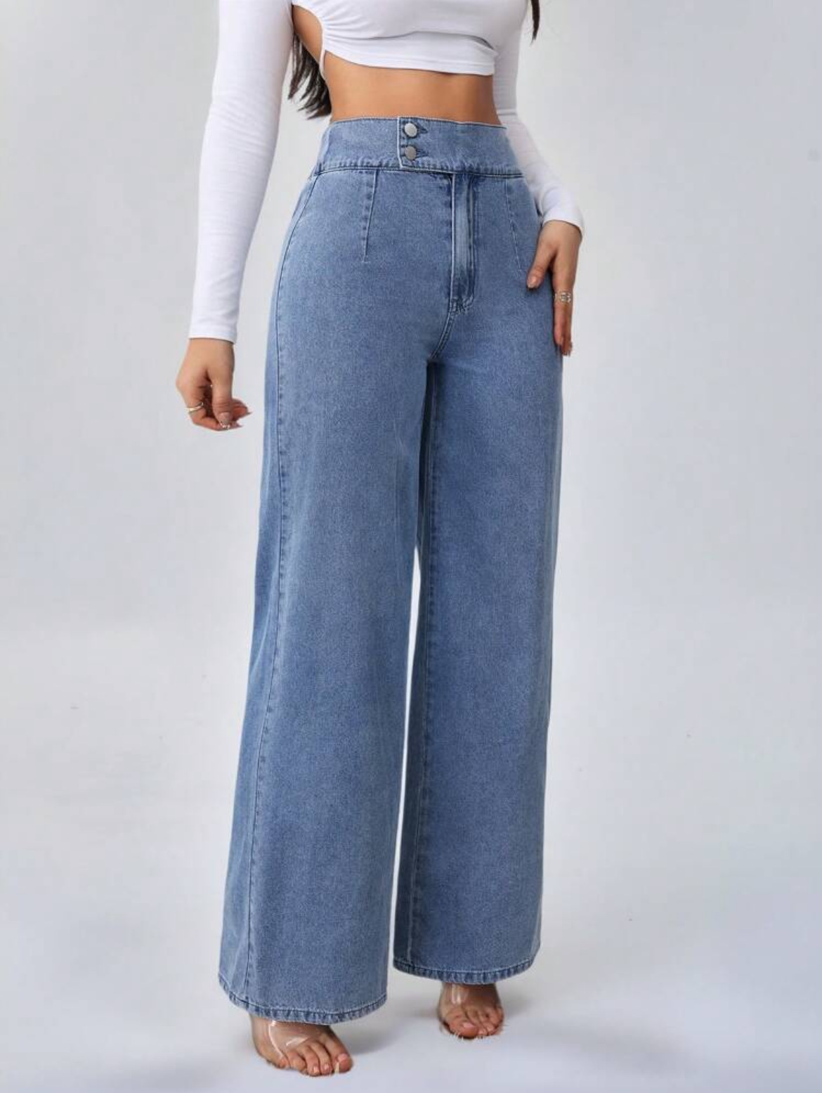 Högmidjade jeans med raka ben för damer med dubbla knappar_voghion.com