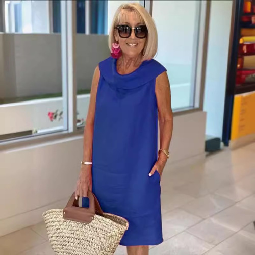 Cross-border Trade 2024 European and American Summer temu New Cotton Linen Casual Loose Collar Sleeveless Solid Color Dress 