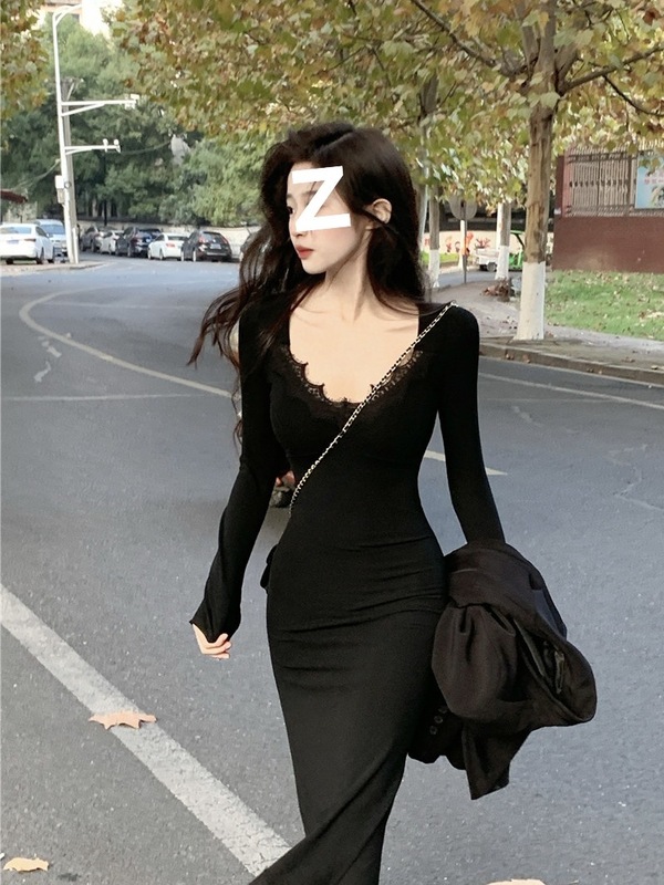 春季新款长袖拼接鱼尾连衣裙女打底黑色蕾丝收腰修身气质裙子长裙|undefined