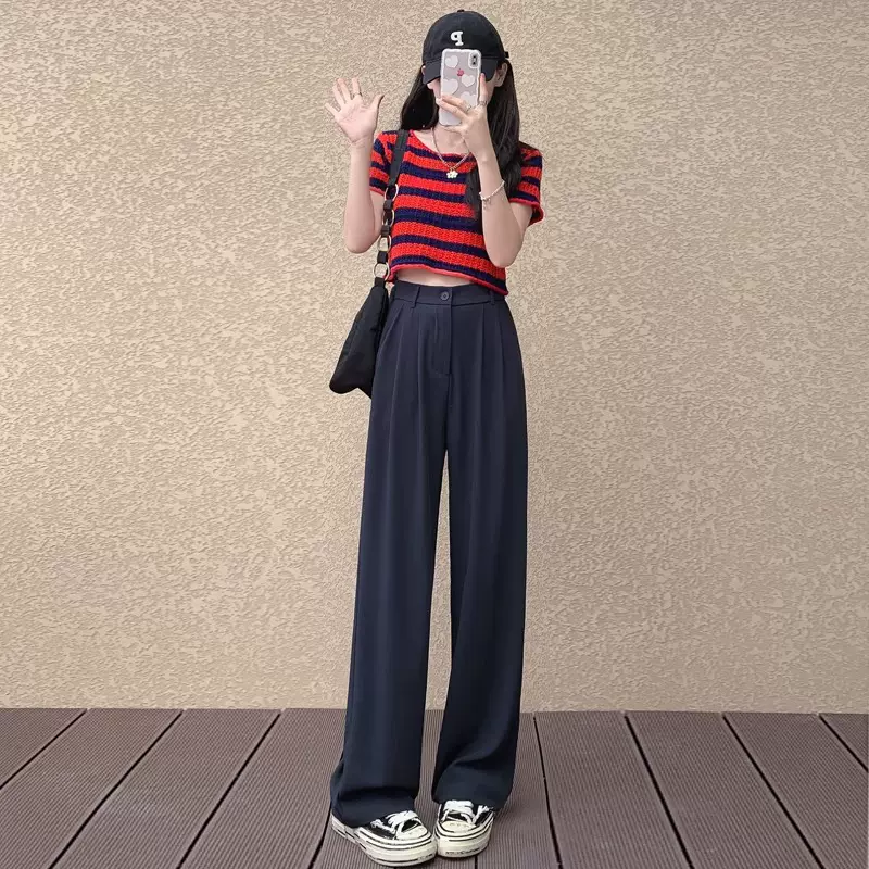 定制跨境垂感西装裤女夏季2025新款高腰显瘦宽窄休闲直筒冰丝阔腿