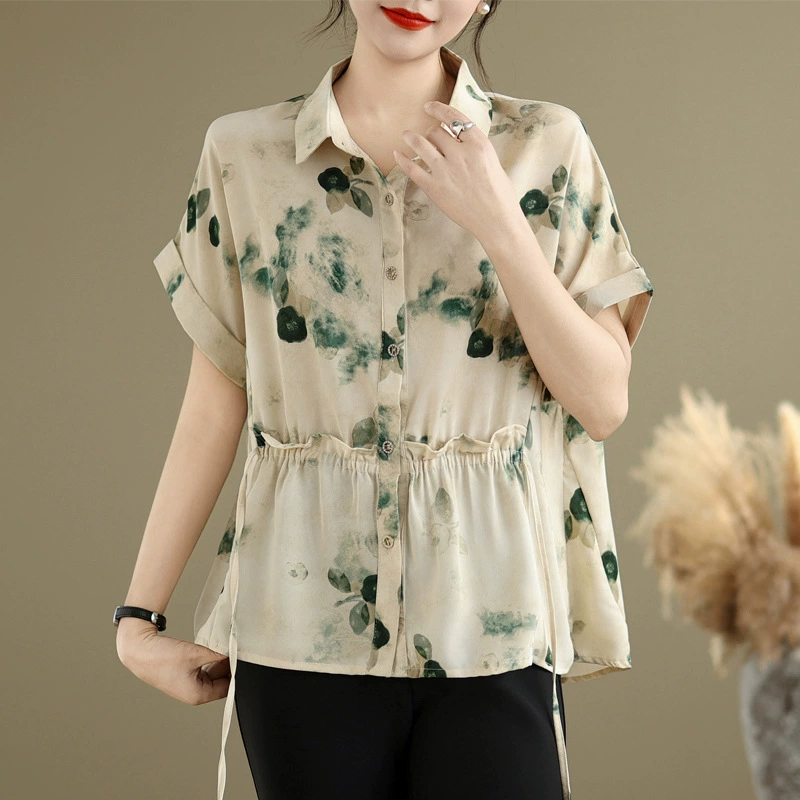 Настоящие фото готовых летних топов для мам, модных шифоновых рубашек с принтом, летних женских рубашек с короткими рукавами среднего и пожилого возраста.