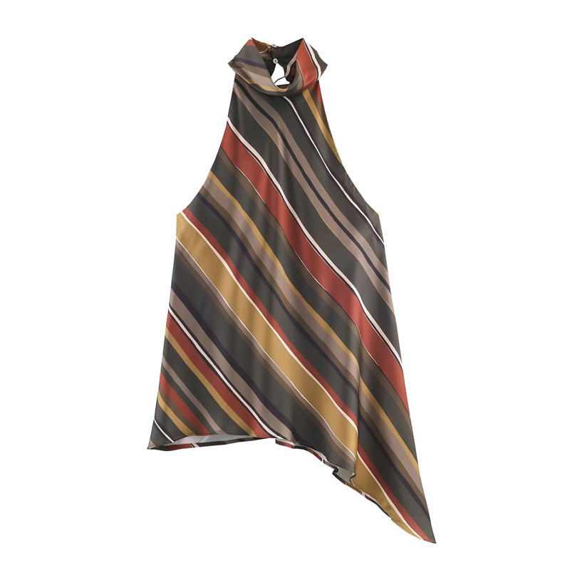 Foreign Trade Wholesale European and American Style Women's Design Stripesd Asymmetrical Halter Versatile Sleeveless Top 9626288