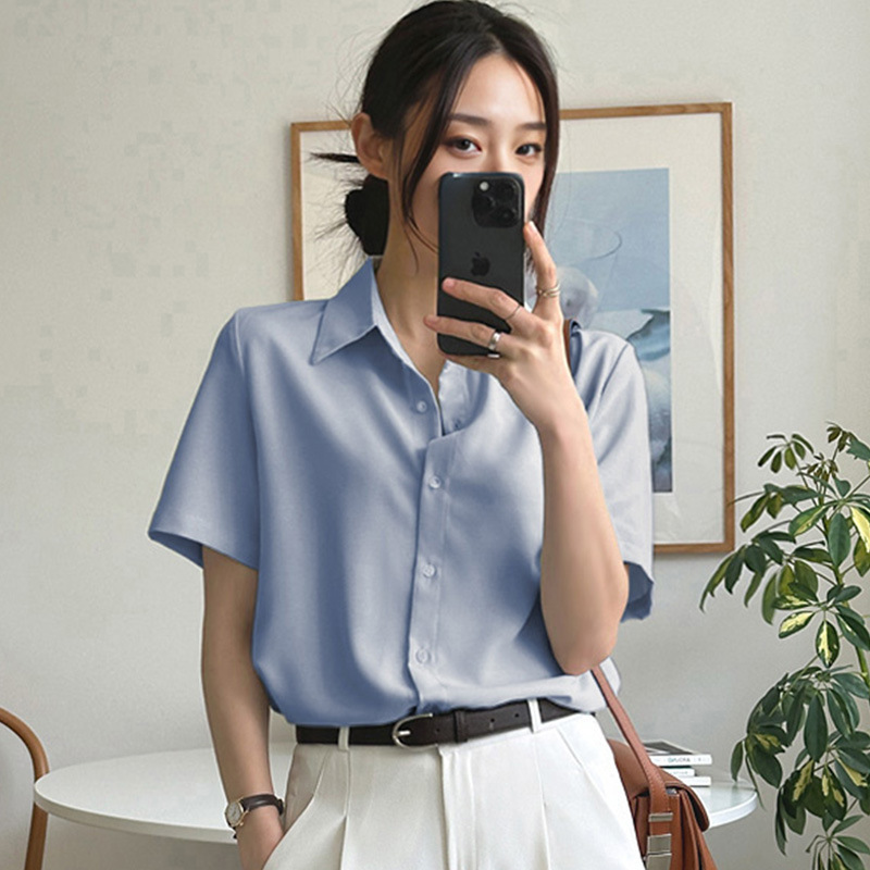韓国版通勤ルーズ半袖シャツ女性用 2025 夏薄いデザイン多用途ファッショナブルな甘い年齢軽減シャツ|undefined