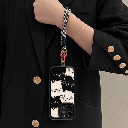Screen-Filling Black and White Cartoon Cat Phone Case for Xiaomi 15 Pro, Redmi K80 Lanyard, NOTE 13 Stereo Relief