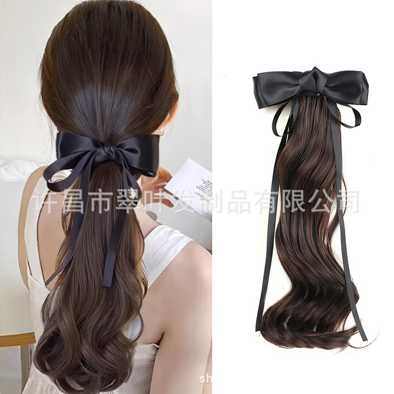 Wig Braids for Women, Black Bow, One-Line Clip, Ponytail, Versatile, High-End, Sweet, Long Hair, Curly Hair