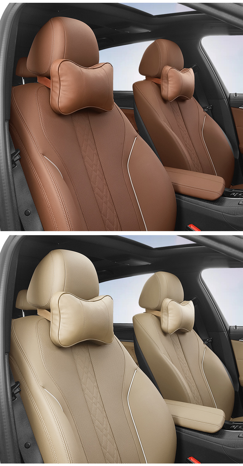 Car Headrest Neck Pillow Pair, Car Seat Pillow, In-Car Cervical Support, Genuine Leather Memory Foam Lumbar Support