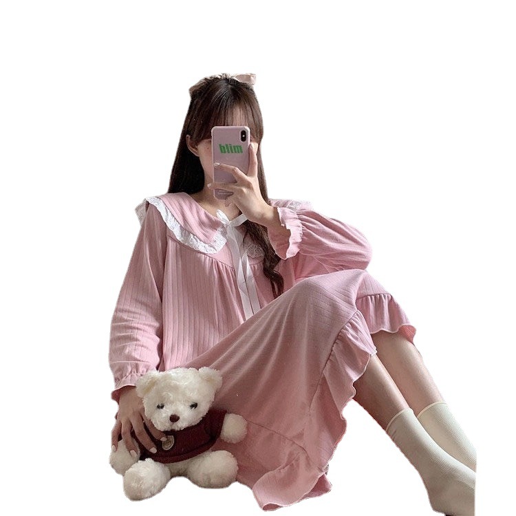 Camisón de manga larga sobre la rodilla ins estilo pijamas Mujer Primavera y otoño Hada corte muñeca collar princesa coreana estilo desgaste del hogar