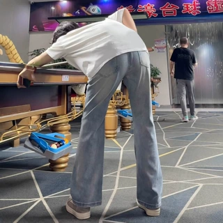 复古蓝高腰牛仔裤男款秋季美式直筒窄版裤子修身显腿长弯刀微喇裤