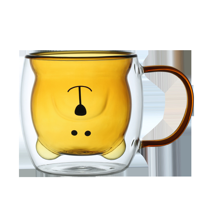 Color de doble capa de vidrio taza de dibujos animados hogar borosilicato vidrio taza de jugo de leche taza de té transparente vidrio oso agua