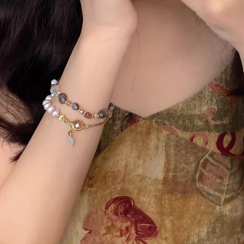 Natural Stone Freshwater Pearl Double-layer Bracelet Women's Light Luxury High-end Retro Elegant Beaded Hand Jewelry Niche Exquisite