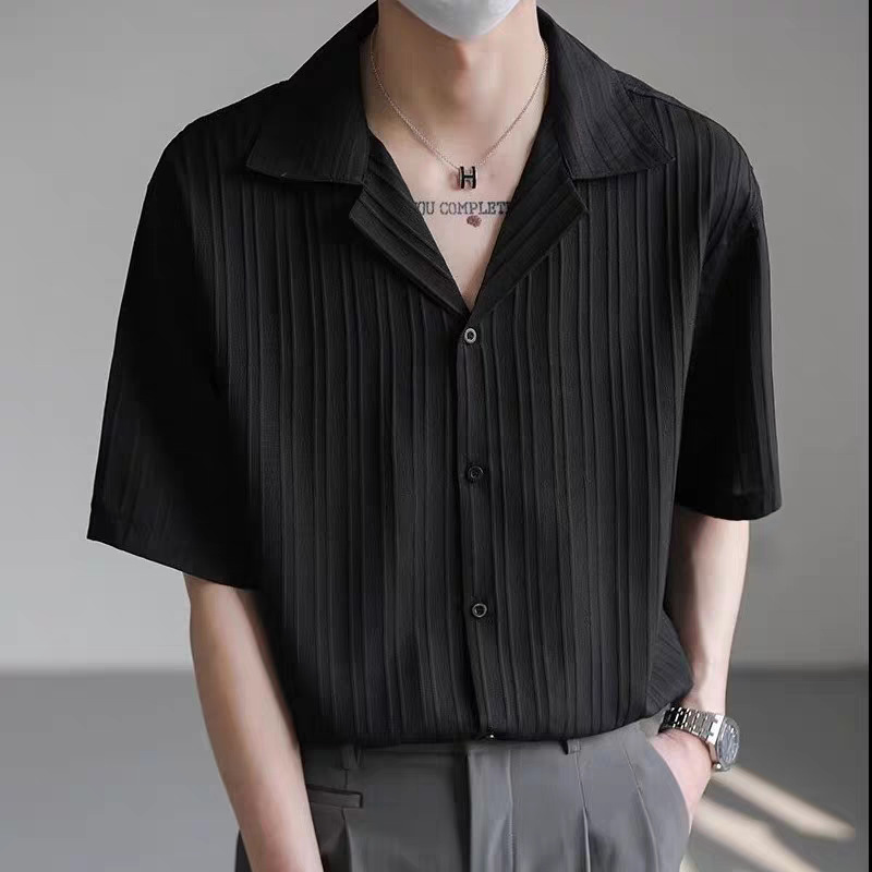 Cuban Collar Textured Shirt Short-Sleeved Men's Summer New Versatile Casual T-Shirt Half-Sleeved Loose High-End Jacket
