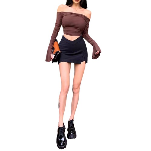 Women's Sexy Bodycon Short Pants Summer New High-Waisted V-Neck Slimming Shorts Western Style Slit Revealing Skirt