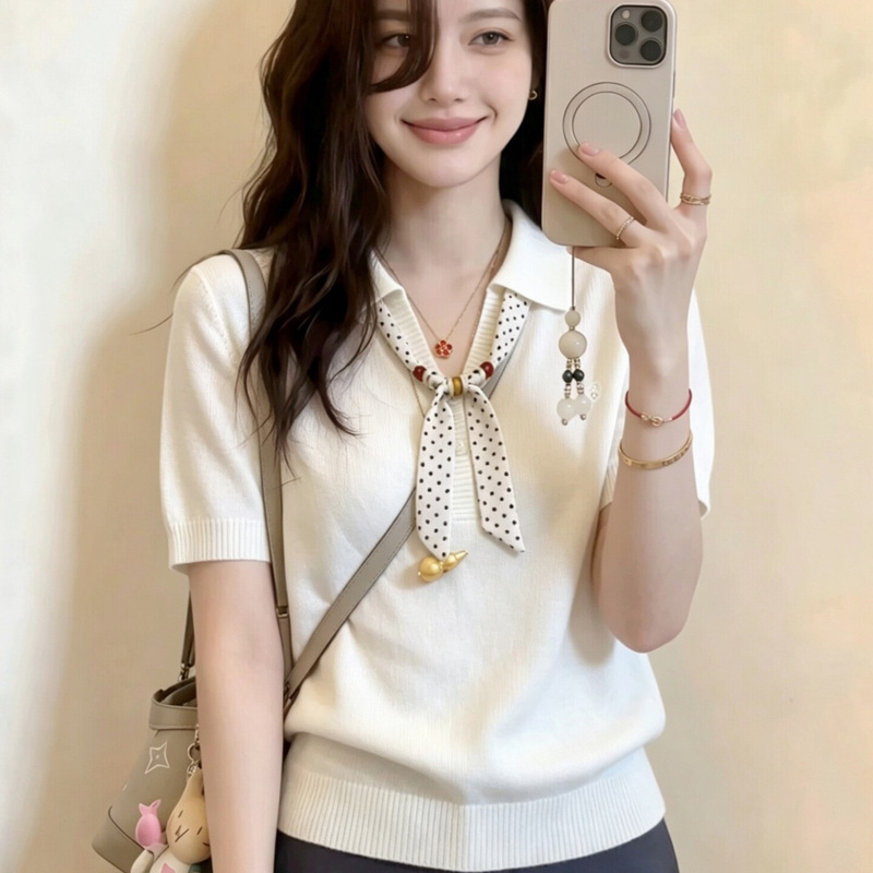 Design-Inspired Silk Scarf Polo Collar Knit Short-Sleeve Women's Summer 2026 New Unique and Beautiful Thin Knit Top