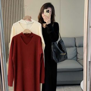 Pregnant women's hollow V-neck dress 2023 autumn and winter New sweater dress elegant all-match knitted long skirt
