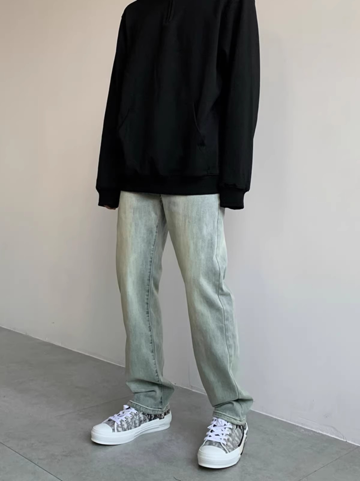 Men's High Elasticity Yellow Mud Dyed Straight Leg Jeans Loose Fitting Trendy Casual Retro Slimming Extra Long Pants_mkmklike.com