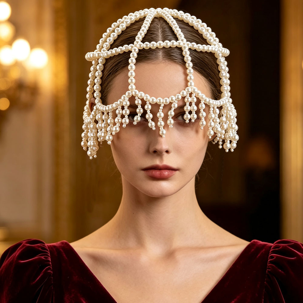 European and American New Style Woven Pearl Tassel Hat Chain, Bridal Elegant High-End Versatile Hair Accessory, Hair Net Accessory, Hair Cap
