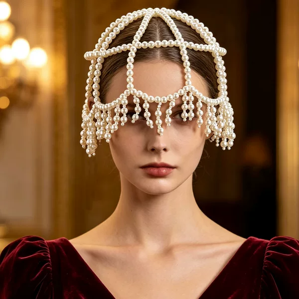 European and American New Style Woven Pearl Tassel Hat Chain, Bridal Elegant High-End Versatile Hair Accessory, Hair Net Accessory, Hair Cap