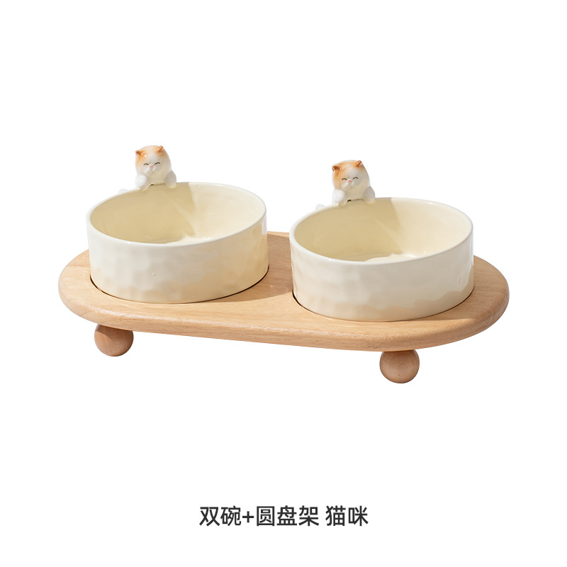 Cerámica pintada a mano mascota doble tazón alto pie anti-golpe cuello protección gato tazón gato comida tazón perro tazón al por mayor