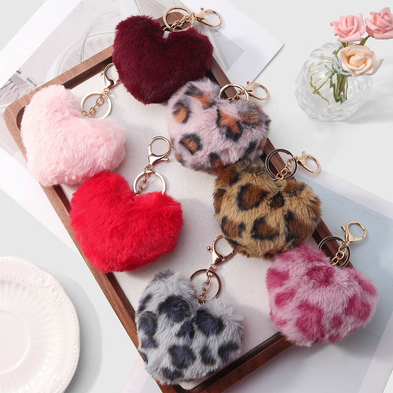 Y2K Sweet and Cool Stylish Retro Multi-Color Rex Rabbit Fur Leopard Print Tiger Pattern Plush Heart DIY Keychain Bag Pendant