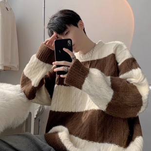 Autumn and Winter Korean Style Thickened Sweater Men's Loose Lazy High-grade Round Neck Sweater Men's Retro Twist Top