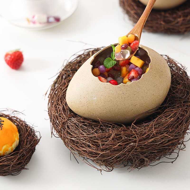 Creative Bird's Nest Dessert Decoration Egg Shell Ostrich Egg Shape Ceramic Bowl Cold Drink Barbecue Restaurant Eating Tableware