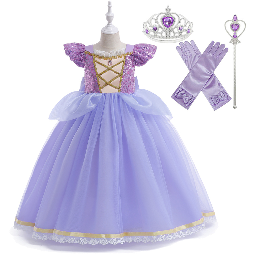 Vestido de juego de rol para niñas, disfraz de Rapunzel, vestido de cumpleaños con lentejuelas para niñas pequeñas.