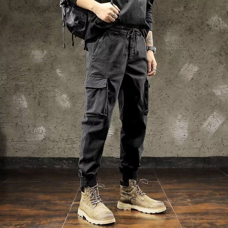 Men's autumn fleece-lined, thickened, loose-fitting cargo pants, casual pants, trendy mid-high waist, cropped pants, solid color, trendy brand.