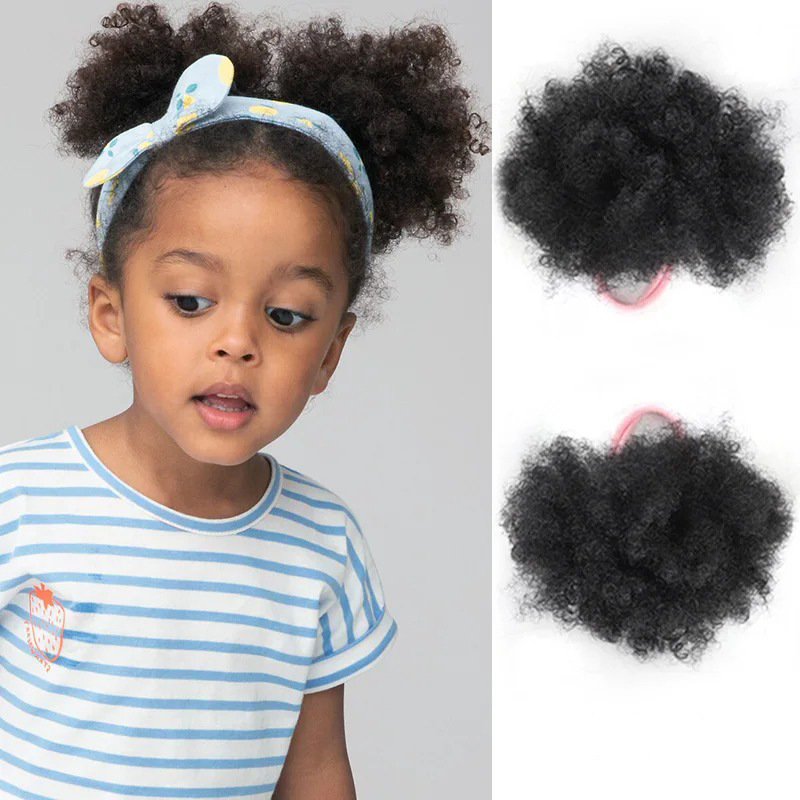 African Kidsren's Hair Bun Pink Elastic Band Pair Heat-Resistant Curly Wig Xuchang Wig Afor Kindy Bun