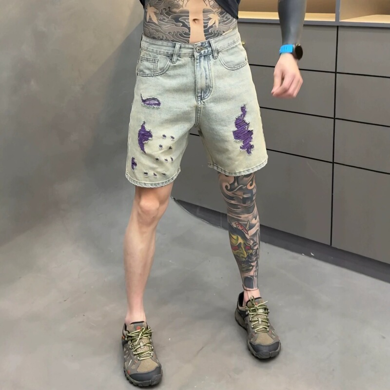 Summer fashion denim-style colorful ripped shorts for men, loose fit with three-dimensional tailoring, comfortable and versatile casual pants Summer fashion denim-style colorful ripped shorts for men, loose fit with three-dimensional tailoring, comfortable and versatile casual pants