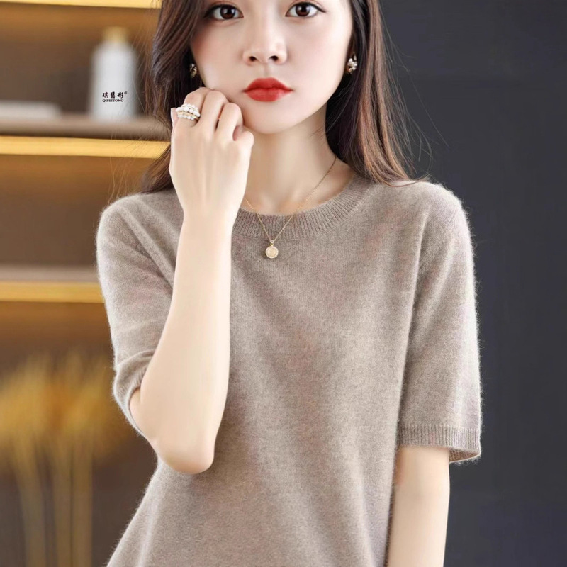 Spring and Summer Women's New Loose Round Neck Large Size Short Pullover Gentle Style Short-Sleeved Top T-Shirt Knitwear
