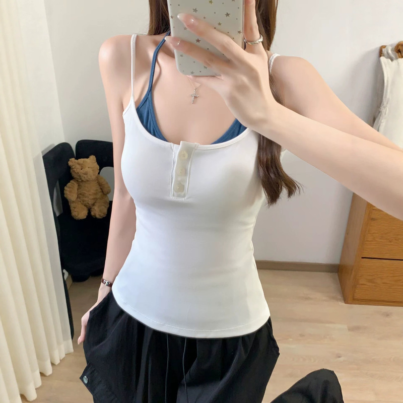 Fake Two-Piece Camisole for Women, Summer Design, Slim Fit, Contrasting Color Buttons, Sleeveless Short Top