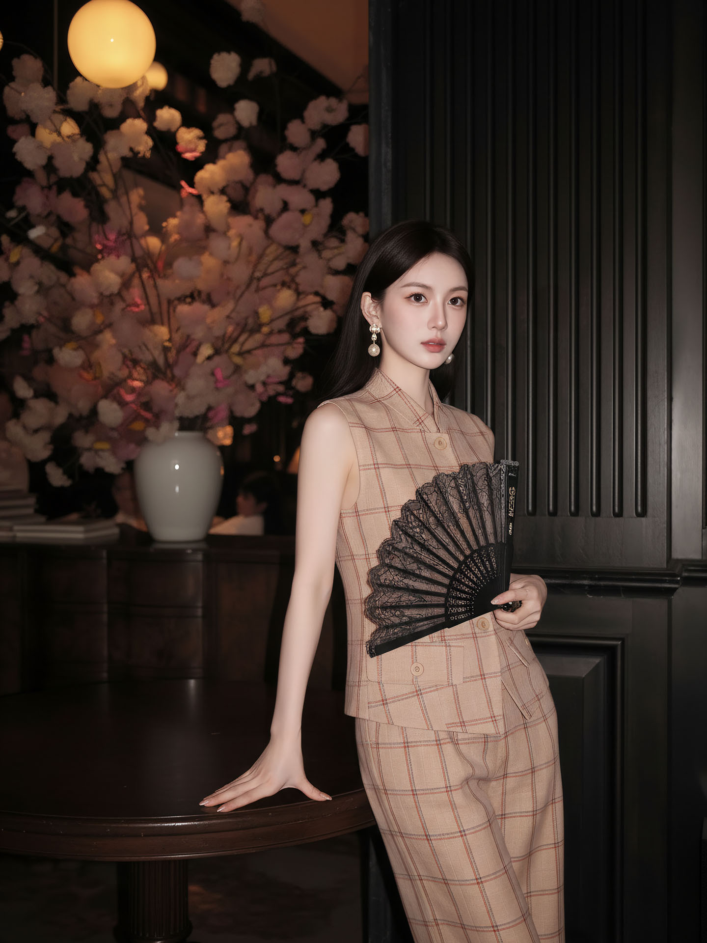 Bộ áo gile + quần dài nữ họa tiết kẻ caro thiết kế cổ điển, cài khuy vải, phối quần ống rộng — bộ đồ, Trang chủ, Quần dài
