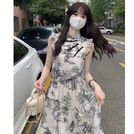 新中式山水画印花背心连衣裙女夏季2025新款盘扣宽松中长款A字裙