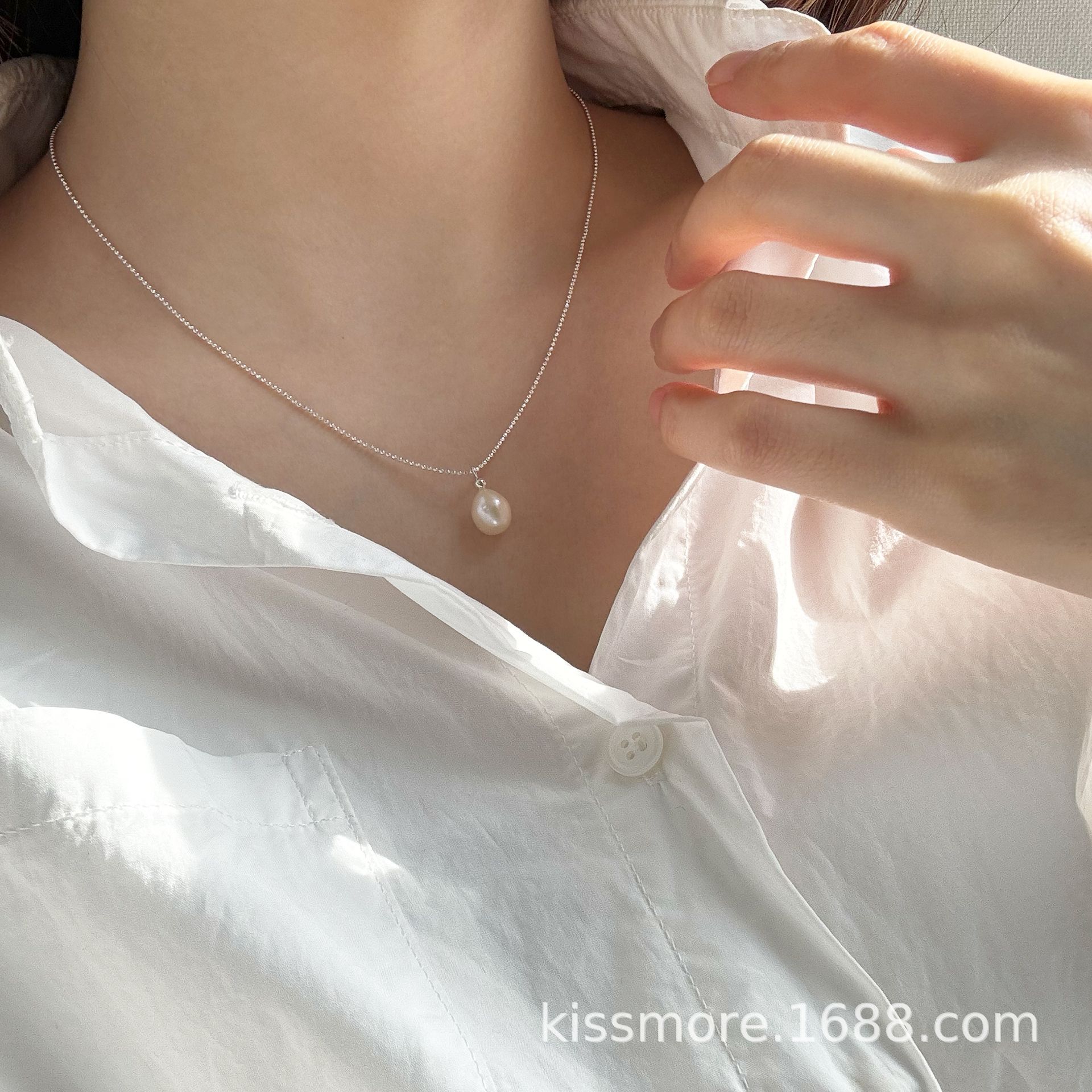 水滴形单颗珍珠纯银闪豆项链45.png