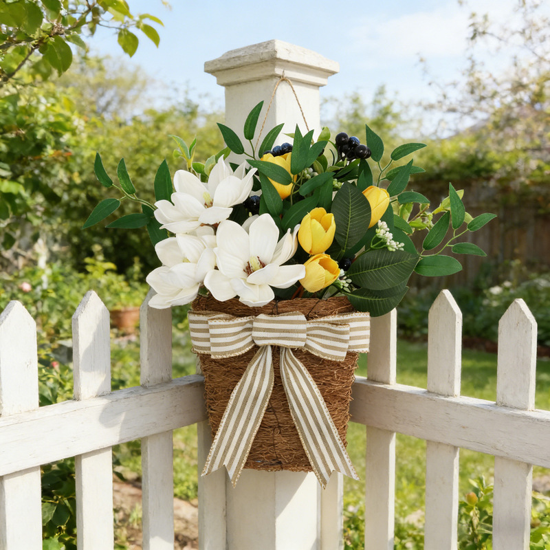 Popular Artificial Green Plant Front Door Flower Basket, Artificial White Magnolia Tulip Farmhouse Spring Wall Hanging Door Decoration Flower Basket Popular Artificial Green Plant Front Door Flower Basket, Artificial White Magnolia Tulip Farmhouse Spring Wall Hanging Door Decoration Flower Basket