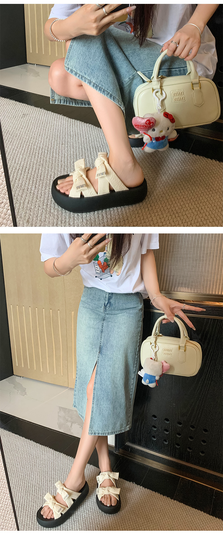 Dép sandal nữ quai chữ V đế dày nơ bướm phong cách bánh mì mềm mại — Màu trắng be, Màu vàng chi tiết 19
