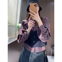 欧货复古针织吊带马甲+格子衬衫两件套女2025秋新款叠穿宽松上衣