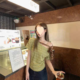 韩系设计感条纹飘带斜肩短袖T恤女夏季新款修身显瘦减龄小众上衣