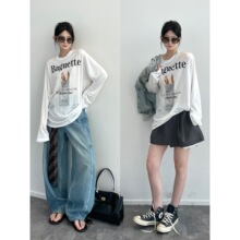 泽黛佳伊64天丝~美式潮牌感长袖T恤女法棍印花宽松休闲上衣26春款