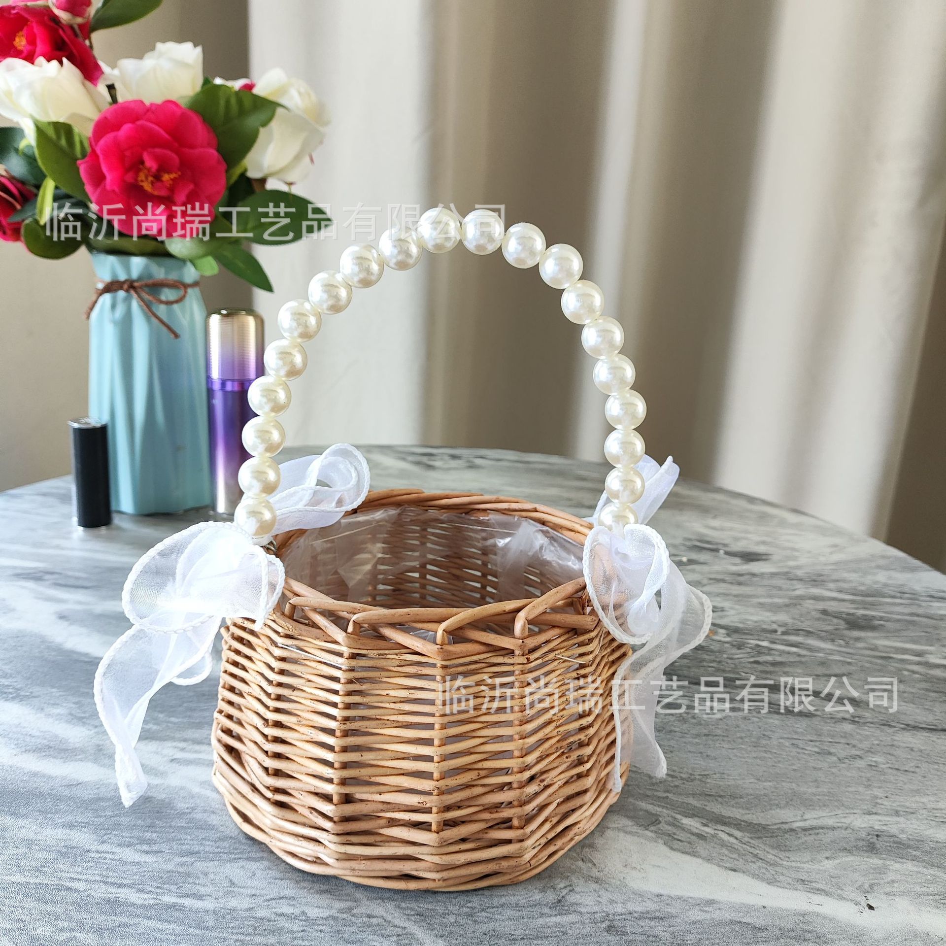Regalo DE LA MANO perla princesa cesta sauce ratán tejida olla verde rosa flor niños foto cesta arco cinta portátil flor cesta