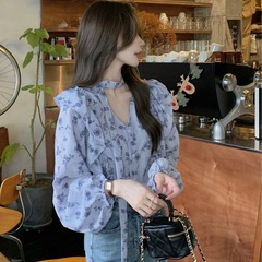 フレンチライト大人スタイルの花柄シャツ女性用春デザインフリルレースアップ長袖シャツシックなトップ
