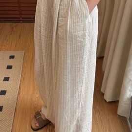 O4B大码美式复古棉麻条纹休闲裤女夏季高腰显瘦松弛感直筒拖地阔