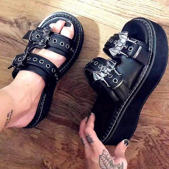 Foreign Trade Thick Bottom Slippers 2023 Summer European and American New Metal Bat Open Toe Wedge Sandals Women Amazon Sandals
